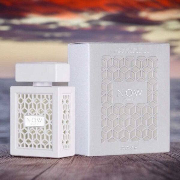 rave now white perfume box with background